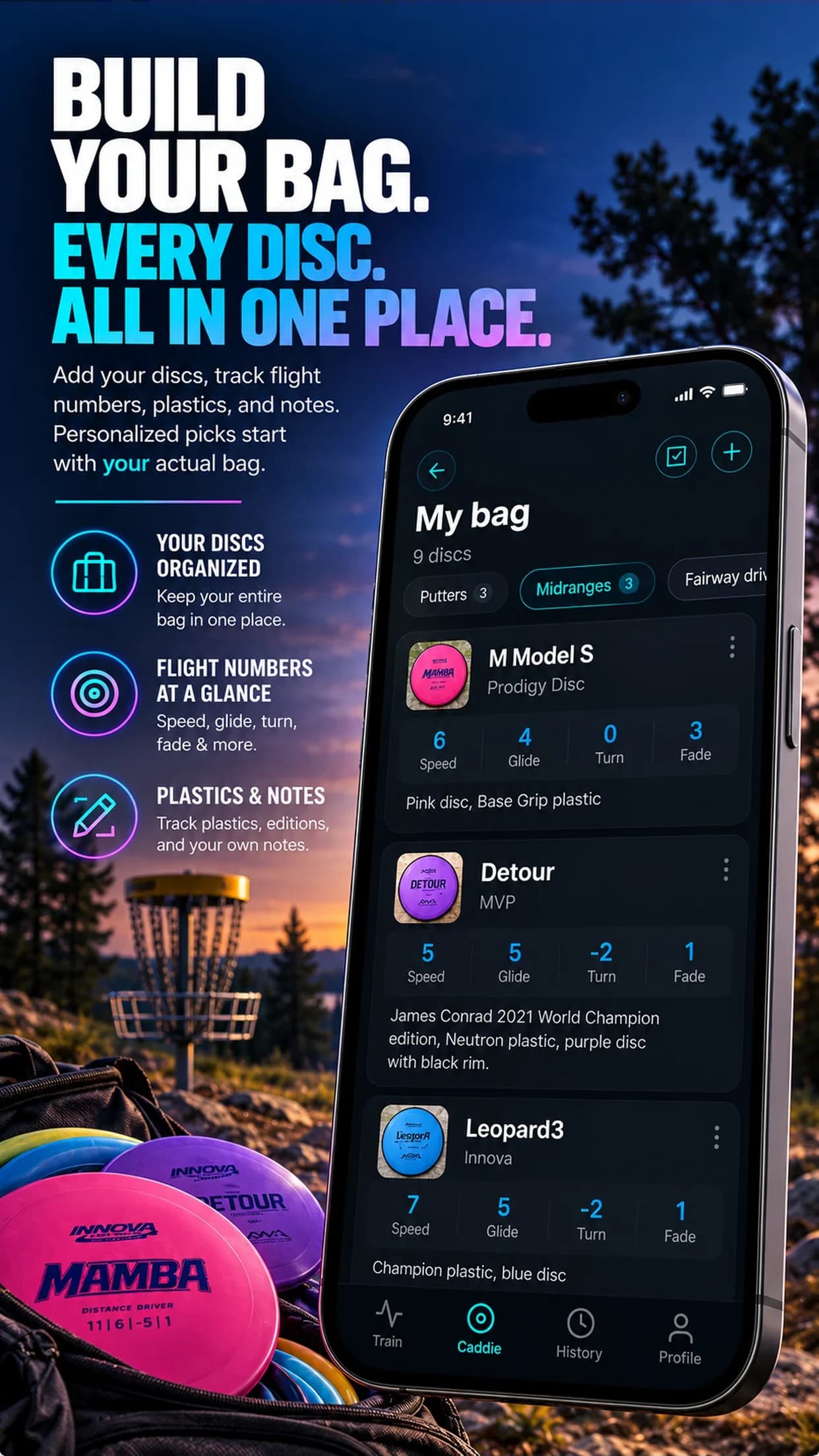 DGFA Caddie: your disc bag with flight numbers and personalized disc picks